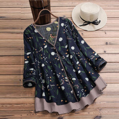 

Plus Size Women Boho Long Sleeve Blouse Baggy Tops Ladies V Neck T Shirt Retro