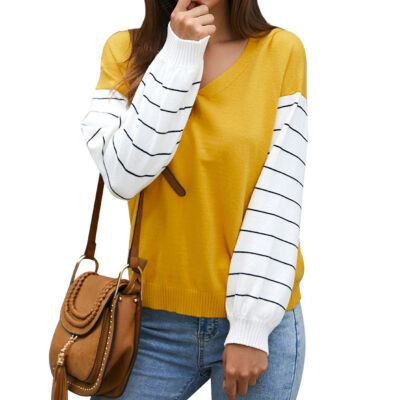 

Women Autumn Fashion Concise All-match V-collar Color-blocked Long Sleeve Sweater