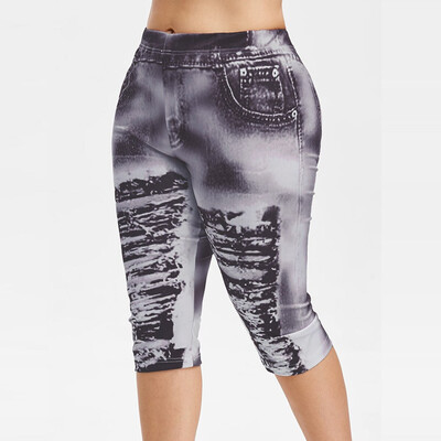 

Tailored Women Fashion High Waist Yoga Pants Plus Size 3D Ripped Jean Print Legging