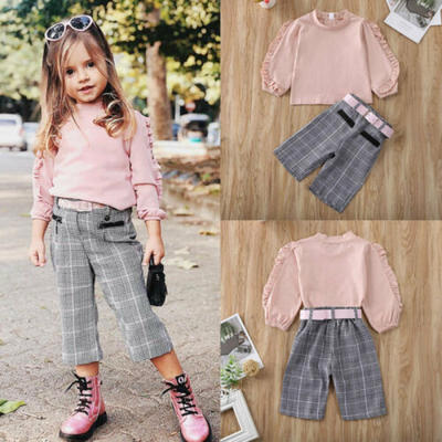 

UK Cute Baby Kid Girl Ruffles Long Sleeve Tops Plaid Pants Belt Clothes 3PCS