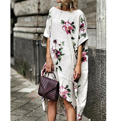 

Womens Short Sleeve Boho Cotton Linen Kaftan Maxi Dress Floral Long Dress Sundress