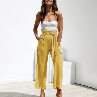 

Women Wide Leg High Elastic Waist Pants Summer Beach Casual Loose Solid Trousers
