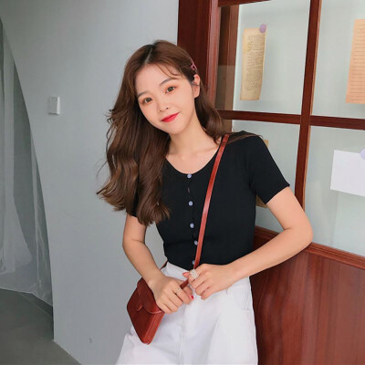 

Sexy Casual Autumn Summer Women T-Shirt Button O-Neck Lady Tee Tops Short Knit Short-Sleeved Womens T Shirt