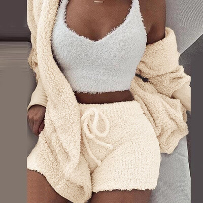

Toponeto Womens Winter Plush Casual Sportswear Solid Long Sleeves 2 Piece Set