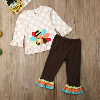 

US Kids Baby Girl Turkey Print 2PCS Outfits Clothes Top Shirt Pants Trousers