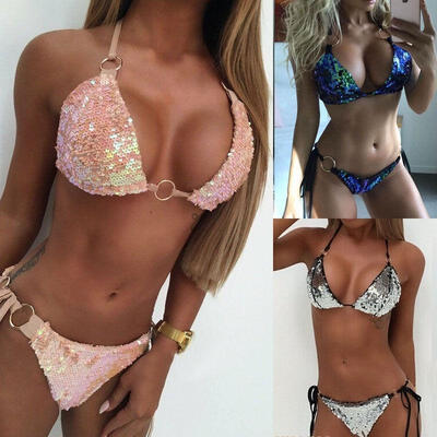 

Women sexy bikini set Push-up Padded Bra Swimsuit Bandage Swimwear Triangle sequins Bathing suit low waist beachwear