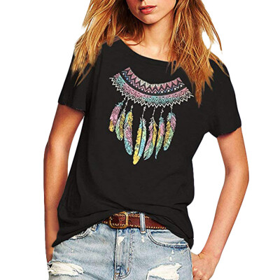 

Nomeni Women Summer Feather Printing Short Sleeve Tunic T-Shirt Tops Blouse