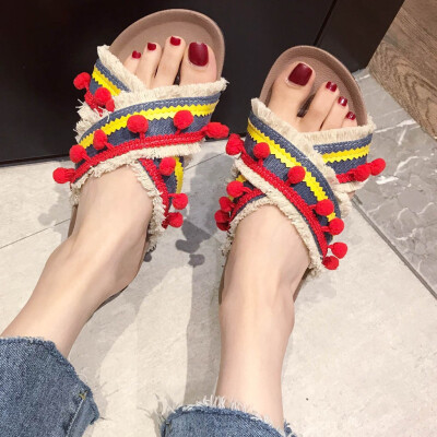 

Rose Bohemian Ethnic Style Flat Shoes Female Sandals Rhinestone Sandals Beach Slipper