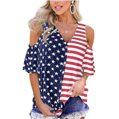 

Nomeni Womens Patriotic Stripes Star American Flag Cold Shoulder Button Down Blouse Top