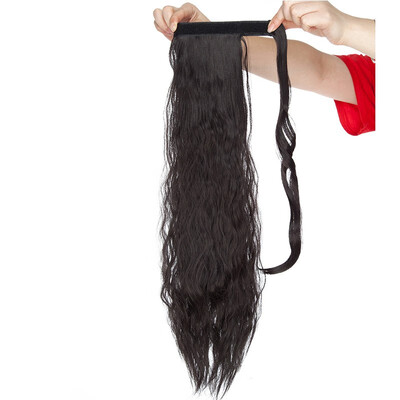 

20 Inch Long Corn Wave Ponytail Extension Magic Paste Heat Resistant Wavy Synthetic Wrap Around Ponytail Black Hairpiece for Women