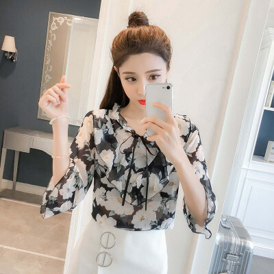 

Floral Chiffon Blouse Bow Neck Women Shirt Summer Short Flare Sleeve Tops Casual