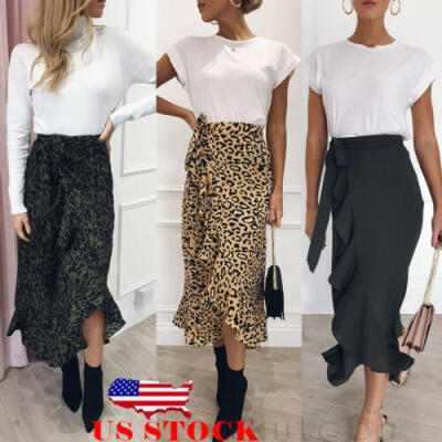 

US Women Leopard Print Wrap Over Aysmmetric Loose Skirt High Waist Midi Dress
