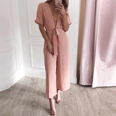 

Starmoon Women Summer Deep V Neck Short Sleeve Solid Lace Up Rompers Jumpsuit Playsuit