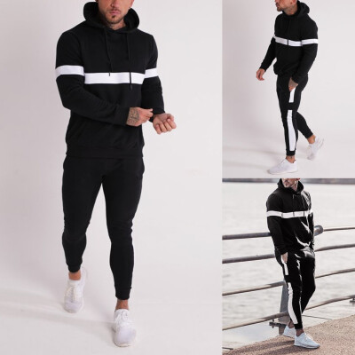 

Toponeto Mens Autumn Winter Patchwork Sweatshirt Tops Pants Sets Sports Suit Tracksuit