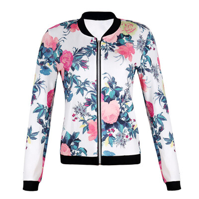 

Womens Casual Round Neck Long Sleeve Floral Printed Zipper Coats Tops Jackets