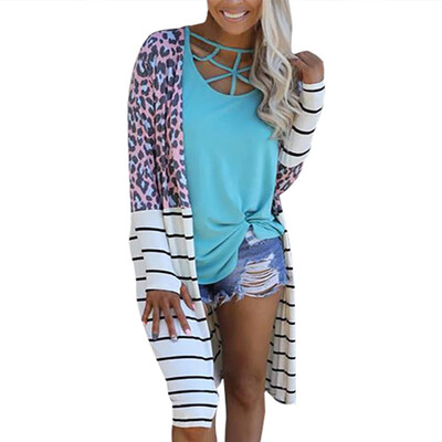 

Toponeto Fashion Women Casual Coat Outwear Leopard Stripe Print Patchwork Jacket Overcoat