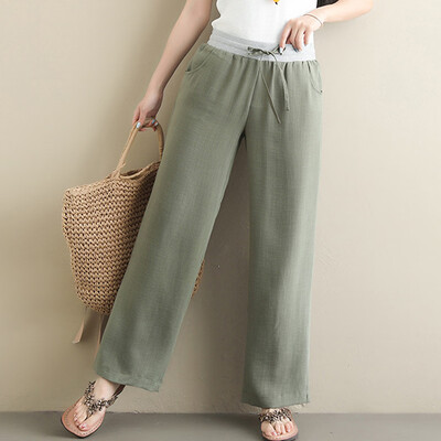 

Fashion Women Solid Cotton&linen Bandage Pocket Elastic Waist Trousers Pants