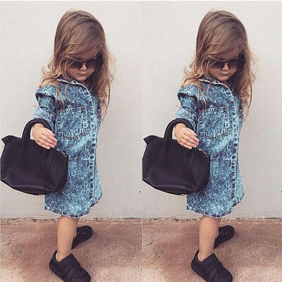 

New Fashion Cute Kid Baby Girl Denim Dress 34 Sleeve Party Princess Dress Outfit Clothes Set