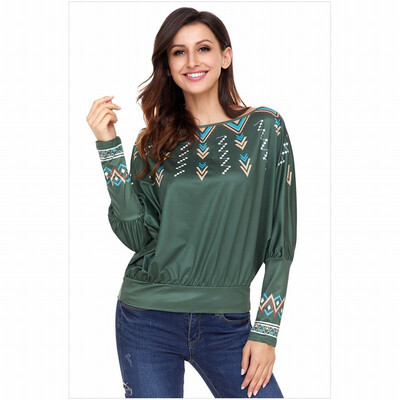 

One-neck bat long-sleeved floral print casual smock