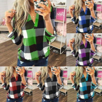 

Womens Autumn Long Sleeve Plaid Check T Shirt Blouse Casual Loose Tops T-shirt