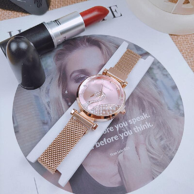 

Lazy watch magnet woven mesh with swan watch ladies watch fashion trend polygon mirror female table Pink