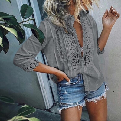 

Womens T Shirts Lace Floral Half Sleeve Pullovers Boho Tunic Tops V Neck Blouse