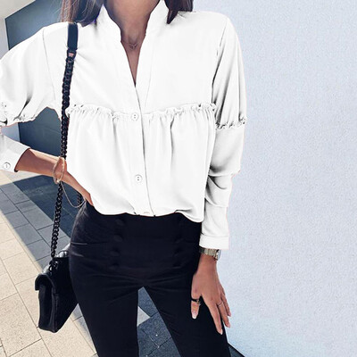 

Tailored Womens Fashion V-collar Button Shirt in Pure Colors&Loose Sleeves Blouses