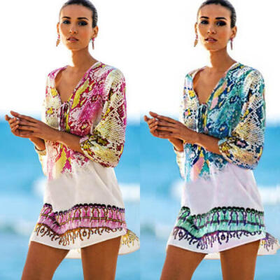 

Womens Summer Chiffon Beach Wear Bikini Cover Up Kaftan Boho Mini Sun Dress