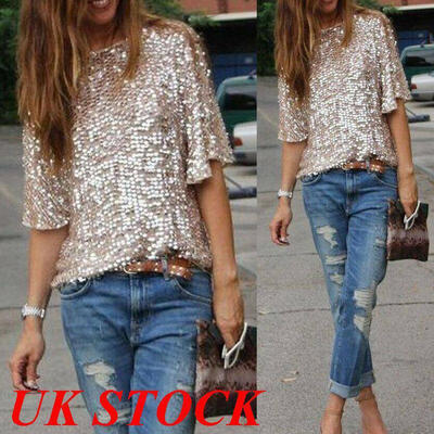 

UK Women Ladies Sequin Lady Sparkle Glitter Blouse Short Sleeve Party Top Hot