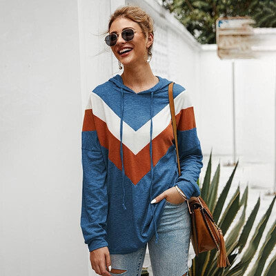 

Women Sweatshirt Colorblock Splicing Drawstring Hooded Neckline Drop Shoulder Casual Pullover