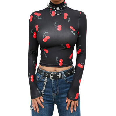 

High Collar Crop Long Sleeve T-shirts Women Cherry Print Autumn Slim Blouse