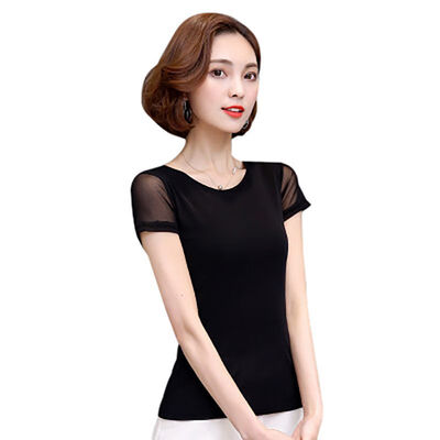 

Women Autumn Sexy Lace T-shirt Solid Color Short Sleeved Round Neck Tee Slim Lace Short Simple T-shirt Tops