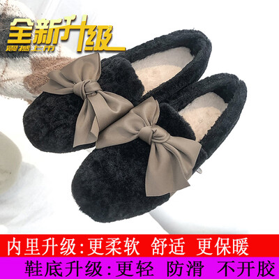 

2018 New autumn&winter Korean version of velvet bean shoes ladies bow casual Joker flat net red Mao Mao shoes ladies