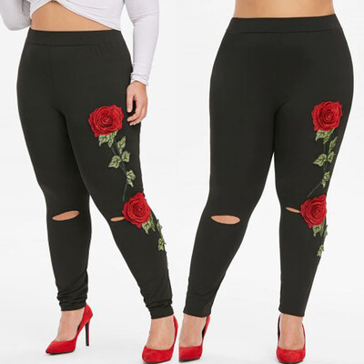 

Gobestart Fashion Women Plus Size Applique Hole Crop Solid Elastic Casual Leggings Pants