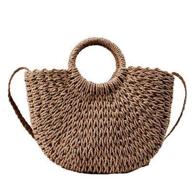 

Women U-Shaped Solid Color Round Handle Tote Crossbody Shoulder Straw Basket Bag