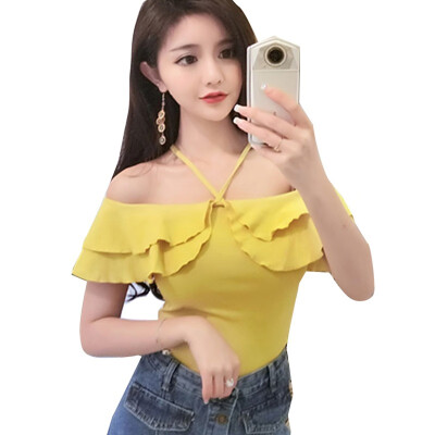 

Sexy Slash Neck Simple Strap T-shirt Women Summer T shirt Wide Straps Short Sleeve Ruffles Tops