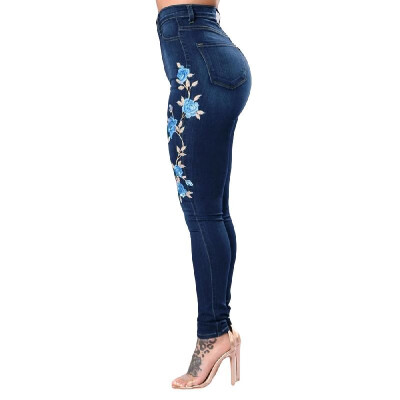 

New Sexy Women Embroidered Stretch Jeans High Waist Button Zipper Pockets Skinny Pencil Denim Pants Dark Blue