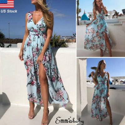 

Womens Maxi Boho Floral Summer Beach Long Slit Evening Cocktail Party Sun Dress