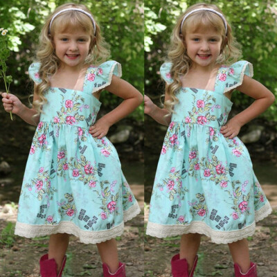 

Childrens Kids Girls Fly Sleeve Flower Print Dance Party Princess Dress