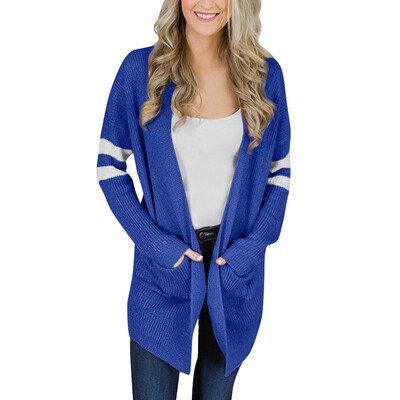 

Toponeto Women Striped Long Sleeve Knitted Sweater Pockets Long Cardigan Top Coat Outwear