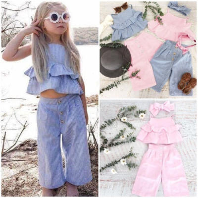 

Toddler Kid Baby Girl 3pcs Clothes Ruffle Tops T Shirt Pants Headband Outfit Set