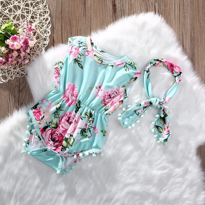 

Summer Newborn Baby Girls Cotton Clothes Print Bodysuit Jumpsuit Clothing Outfit with Hairband