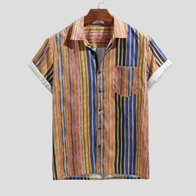 

Toponeto Mens Colorful Stripe Summer Short Sleeve Loose Buttons Casual Shirt Blouse