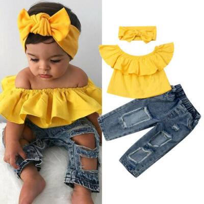 

Summer Kids Baby Girl Clothes Off Shoulder TopsRipped Denim Jeans Pants Outfits