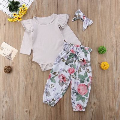 

Newborn Baby Girls Floral 3pcs Clothes Jumpsuit Romper Bodysuit Pants Outfit Set