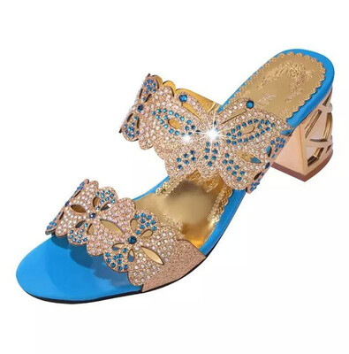 

Rose Women Rhinestone Slippers Women Fashion Open Toe Shoes Bohemia high Heel Shoe