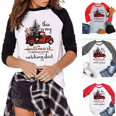

Amazon Christmas Explosion Womens Bottoming Shirt Hallmark Watch Christmas Movie Print Crew Neck T-Shirt blue 3XL