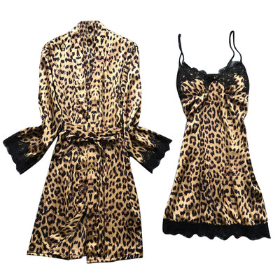 

Toponeto Womens Sexy Satin Sling Lace Leopard Sleepwear Lingerie Nightwear Underwear Set