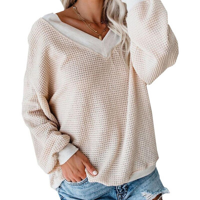 

Fashion Women V Neck Pullover Casual Long Sleeved Women Tops Loose Knitted Baggy Sweater Tops Outwear