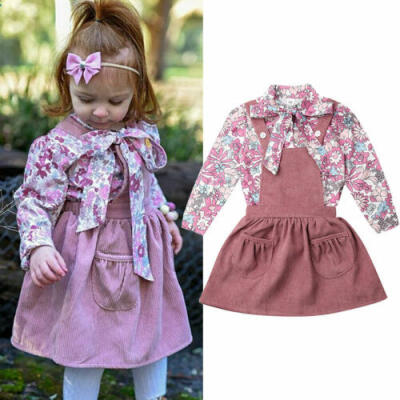 

US Newborn Baby Girl Kids Floral Printed Shirt Strap Dress Autumn Clothes Sets